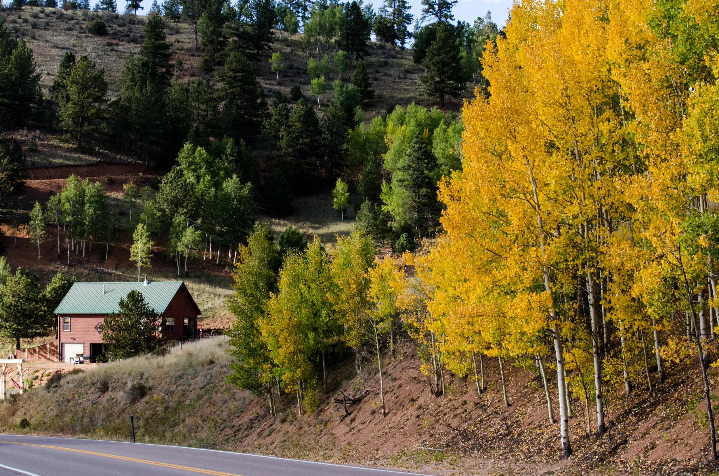 Mountain cabin amidst fall-colored trees